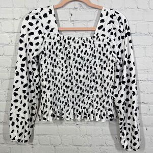Lark Grey Blouse Women Large White Dots Long Sleeve Square Neck Abstract Top